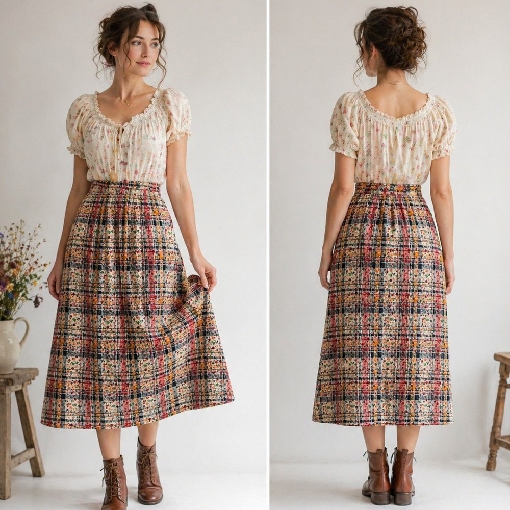 Vintage 1970s Quilted Floral Midi Skirt S Multicolor Plaid Cottage Prairie Boho